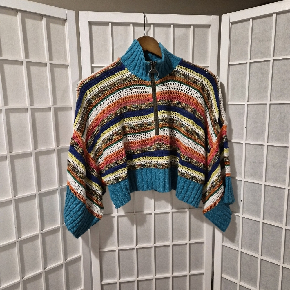 Free people Boho multi color open knit collared cropped sweater Sz XS
